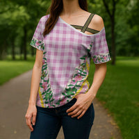Hawaii Pikake Lokelani Plumeria Lei Cross Shoulder Shirt Pink Palaka Motifs LT05 - Polynesian Pride