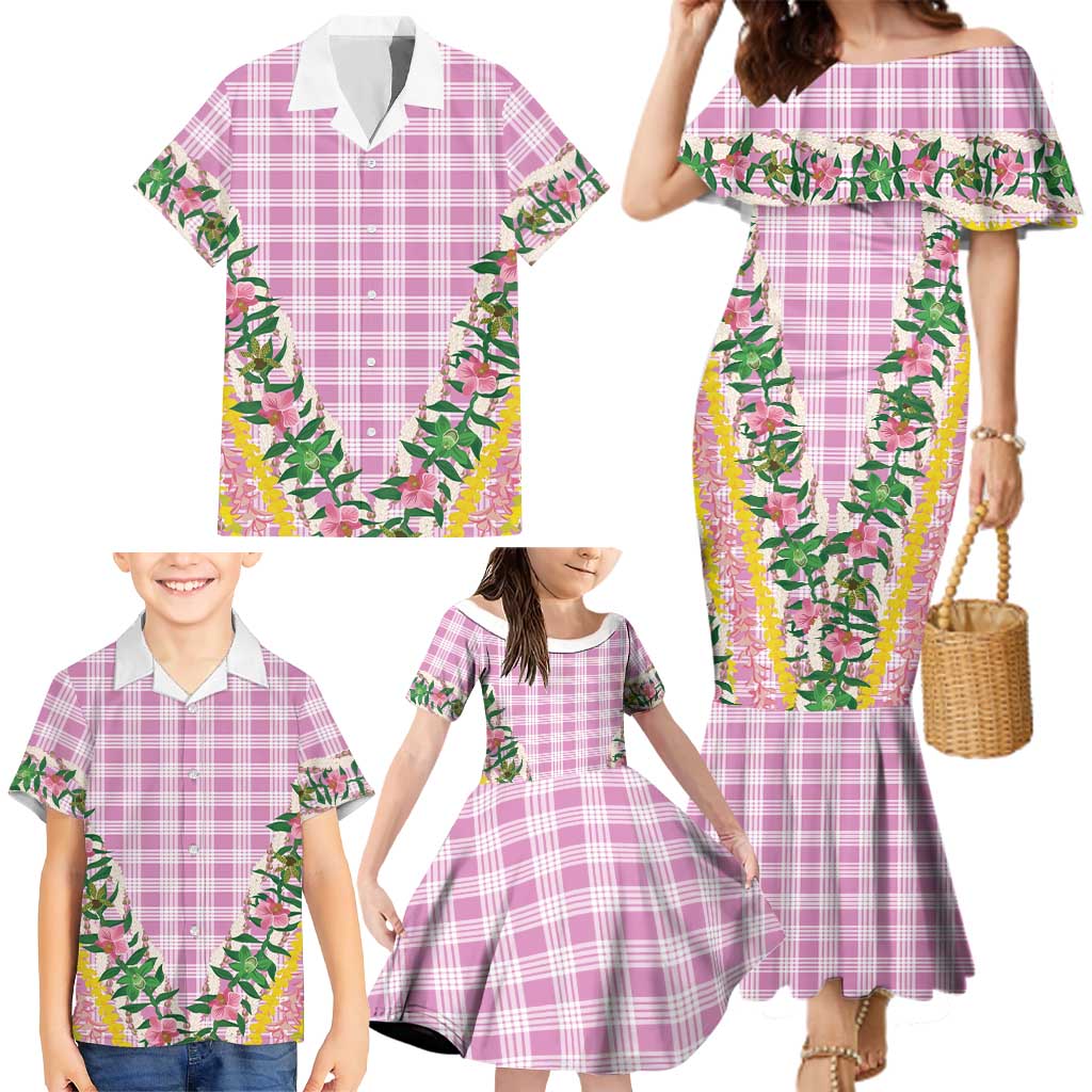 Hawaii Pikake Lokelani Plumeria Lei Family Matching Mermaid Dress and Hawaiian Shirt Pink Palaka Motifs LT05 - Polynesian Pride
