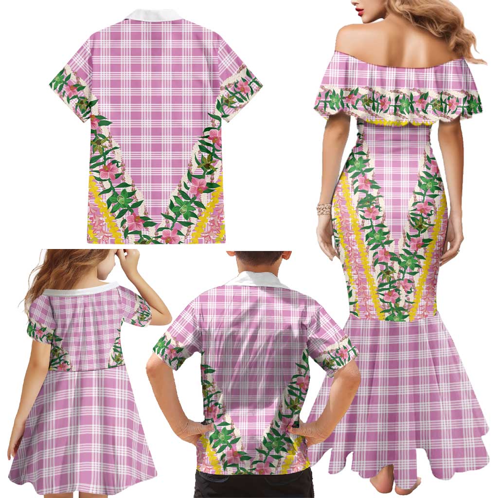 Hawaii Pikake Lokelani Plumeria Lei Family Matching Mermaid Dress and Hawaiian Shirt Pink Palaka Motifs