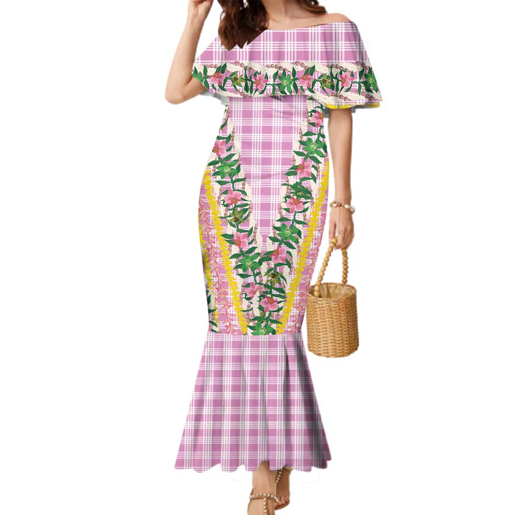 Hawaii Pikake Lokelani Plumeria Lei Family Matching Mermaid Dress and Hawaiian Shirt Pink Palaka Motifs
