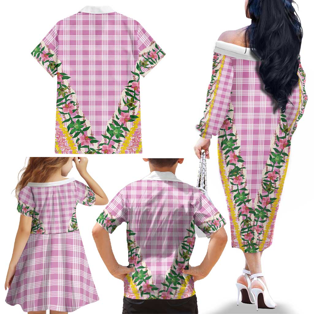 Hawaii Pikake Lokelani Plumeria Lei Family Matching Off The Shoulder Long Sleeve Dress and Hawaiian Shirt Pink Palaka Motifs