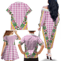 Hawaii Pikake Lokelani Plumeria Lei Family Matching Off The Shoulder Long Sleeve Dress and Hawaiian Shirt Pink Palaka Motifs