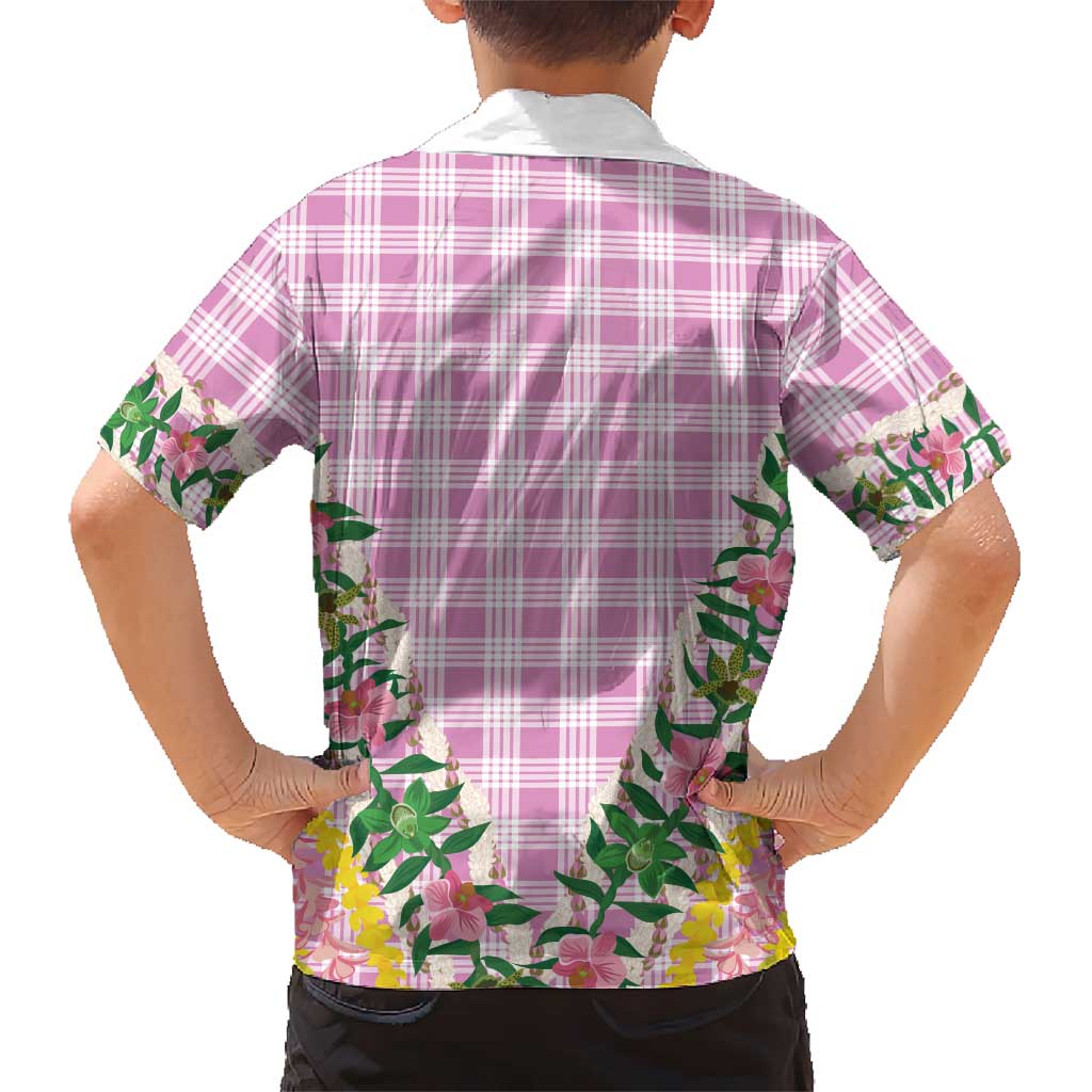 Hawaii Pikake Lokelani Plumeria Lei Family Matching Off Shoulder Maxi Dress and Hawaiian Shirt Pink Palaka Motifs