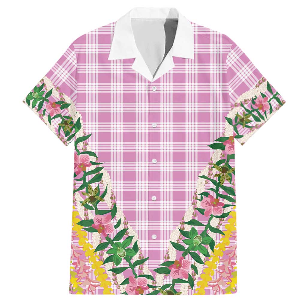 Hawaii Pikake Lokelani Plumeria Lei Family Matching Off Shoulder Maxi Dress and Hawaiian Shirt Pink Palaka Motifs