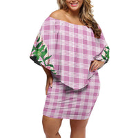 Hawaii Pikake Lokelani Plumeria Lei Family Matching Off Shoulder Short Dress and Hawaiian Shirt Pink Palaka Motifs