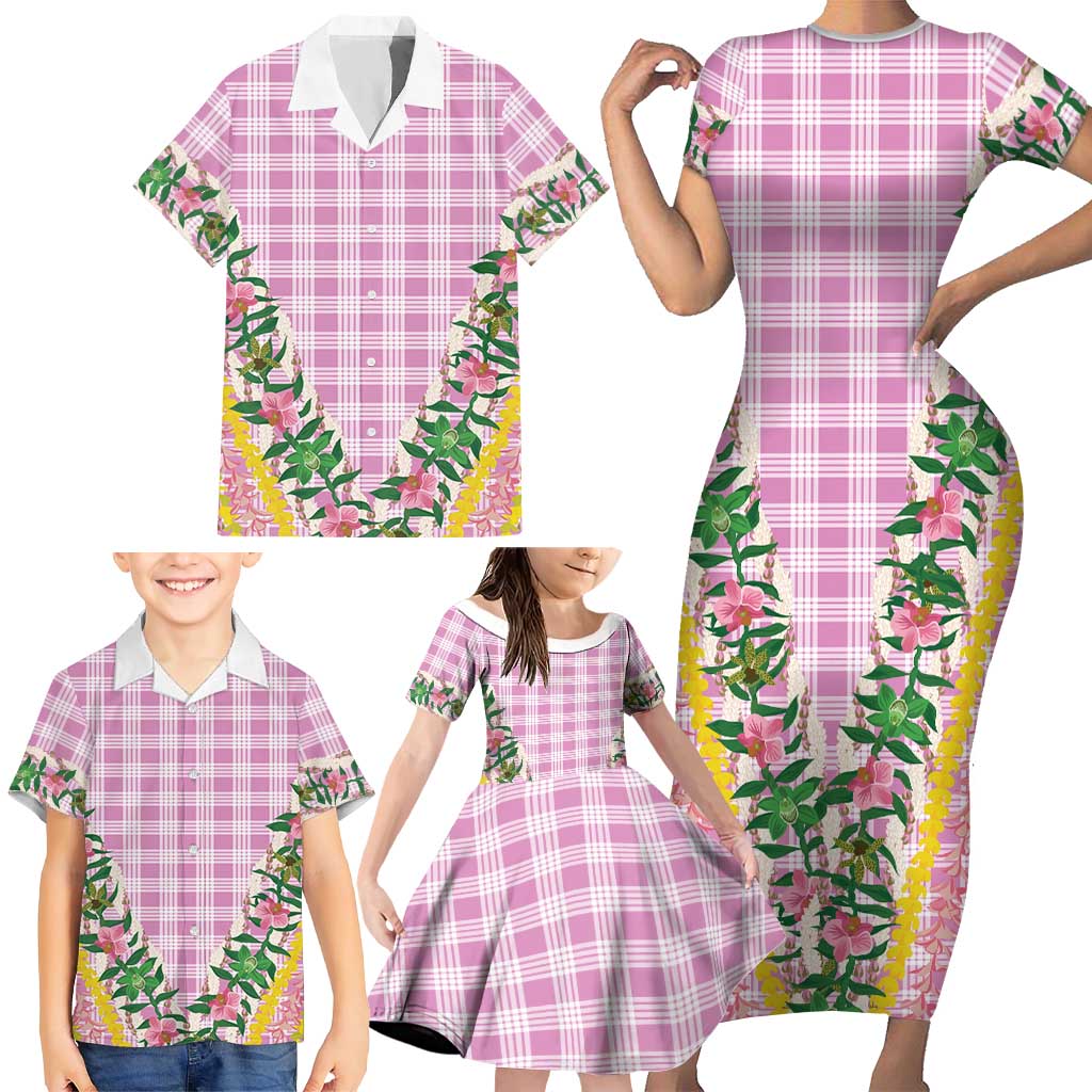 Hawaii Pikake Lokelani Plumeria Lei Family Matching Short Sleeve Bodycon Dress and Hawaiian Shirt Pink Palaka Motifs LT05 - Polynesian Pride