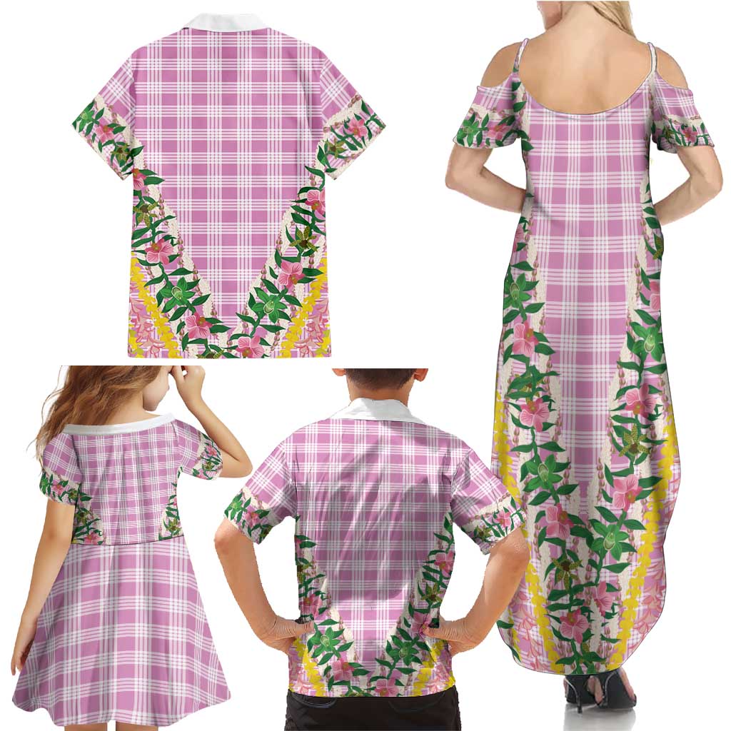 Hawaii Pikake Lokelani Plumeria Lei Family Matching Summer Maxi Dress and Hawaiian Shirt Pink Palaka Motifs