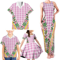 Hawaii Pikake Lokelani Plumeria Lei Family Matching Tank Maxi Dress and Hawaiian Shirt Pink Palaka Motifs
