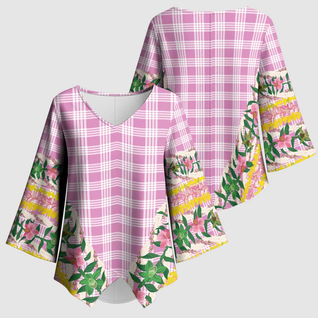 Hawaii Pikake Lokelani Plumeria Lei Kimono Sleeve Blouse Pink Palaka Motifs LT05 - Polynesian Pride