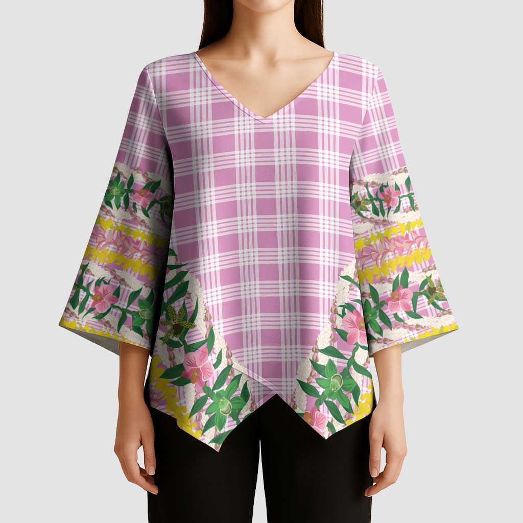 Hawaii Pikake Lokelani Plumeria Lei Kimono Sleeve Blouse Pink Palaka Motifs LT05 - Polynesian Pride