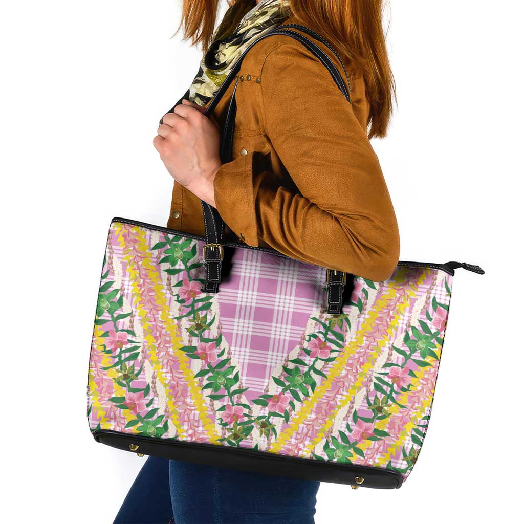Hawaii Pikake Lokelani Plumeria Lei Leather Tote Bag Pink Palaka Motifs LT05 Pink - Polynesian Pride