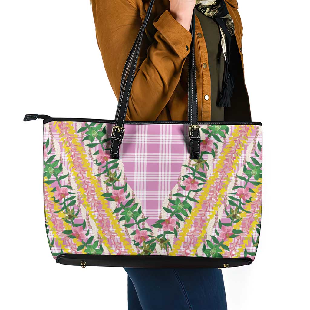 Hawaii Pikake Lokelani Plumeria Lei Leather Tote Bag Pink Palaka Motifs LT05 - Polynesian Pride