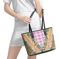 Hawaii Pikake Lokelani Plumeria Lei Leather Tote Bag Pink Palaka Motifs LT05 - Polynesian Pride