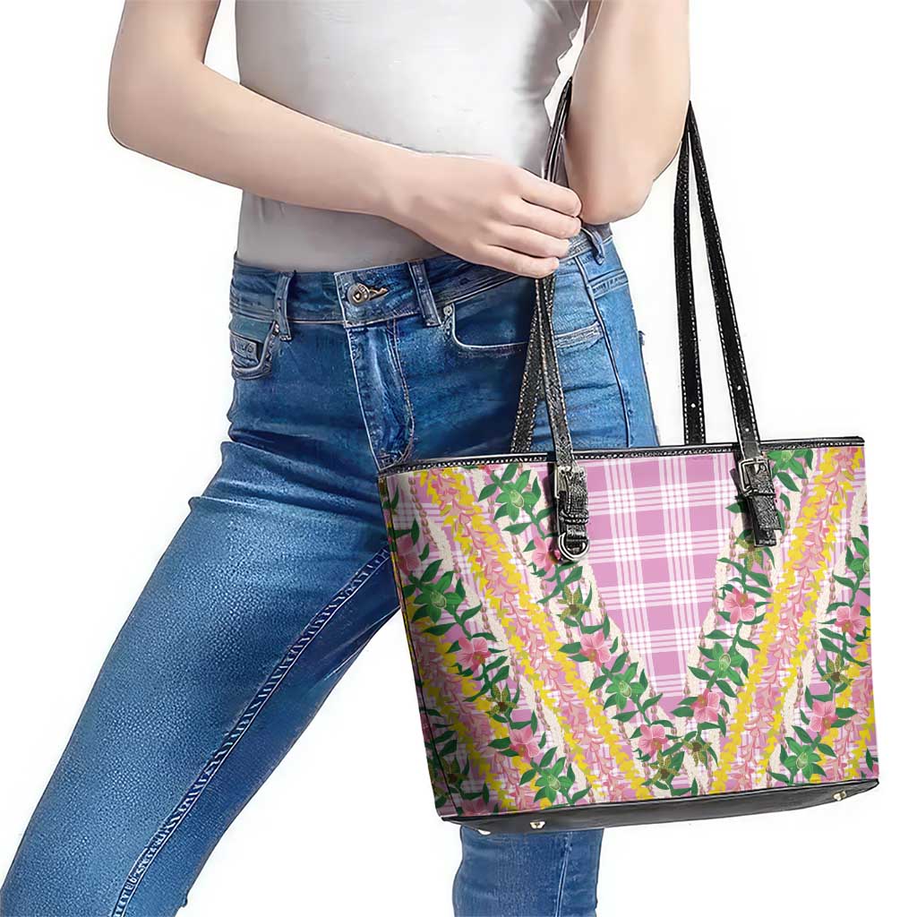 Hawaii Pikake Lokelani Plumeria Lei Leather Tote Bag Pink Palaka Motifs LT05 - Polynesian Pride