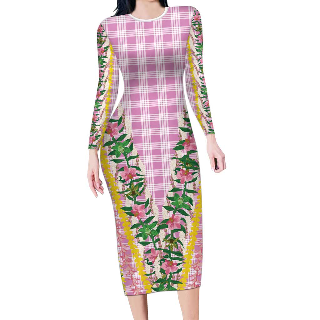 Hawaii Pikake Lokelani Plumeria Lei Long Sleeve Bodycon Dress Pink Palaka Motifs LT05 Long Dress Pink - Polynesian Pride