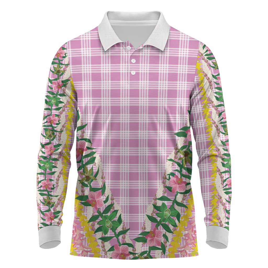Hawaii Pikake Lokelani Plumeria Lei Long Sleeve Polo Shirt Pink Palaka Motifs LT05 Pink - Polynesian Pride