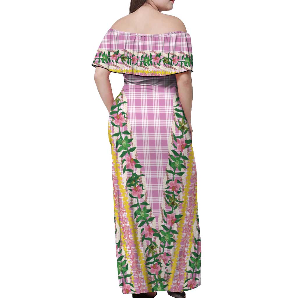 Hawaii Pikake Lokelani Plumeria Lei Off Shoulder Maxi Dress Pink Palaka Motifs LT05 - Polynesian Pride