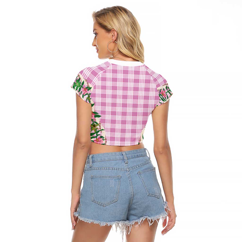 Hawaii Pikake Lokelani Plumeria Lei Raglan Cropped T Shirt Pink Palaka Motifs LT05 - Polynesian Pride