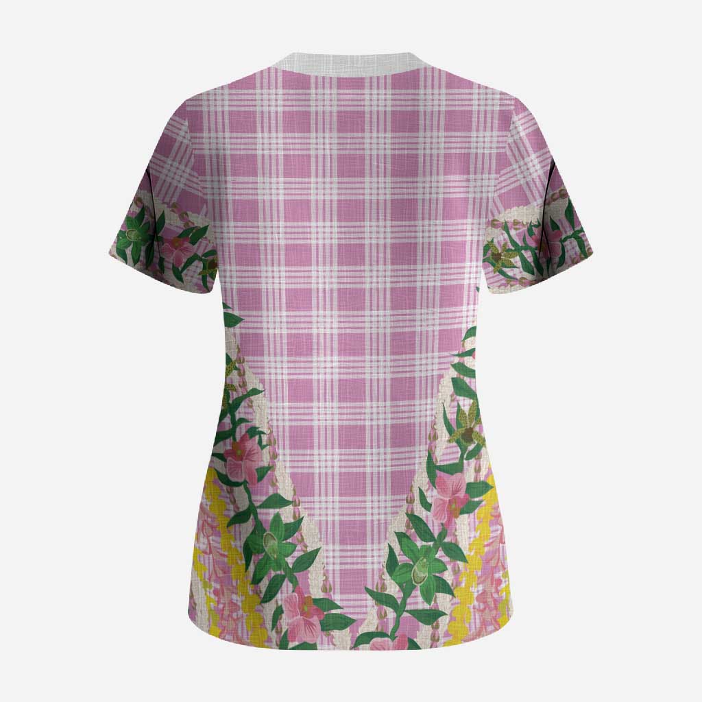 Hawaii Pikake Lokelani Plumeria Lei Scrub Top Pink Palaka Motifs LT05 - Polynesian Pride