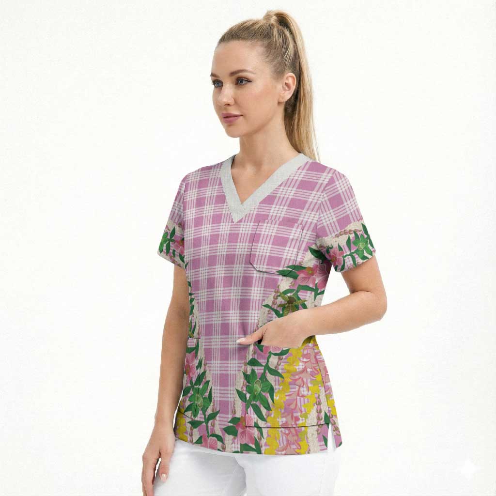 Hawaii Pikake Lokelani Plumeria Lei Scrub Top Pink Palaka Motifs LT05 - Polynesian Pride