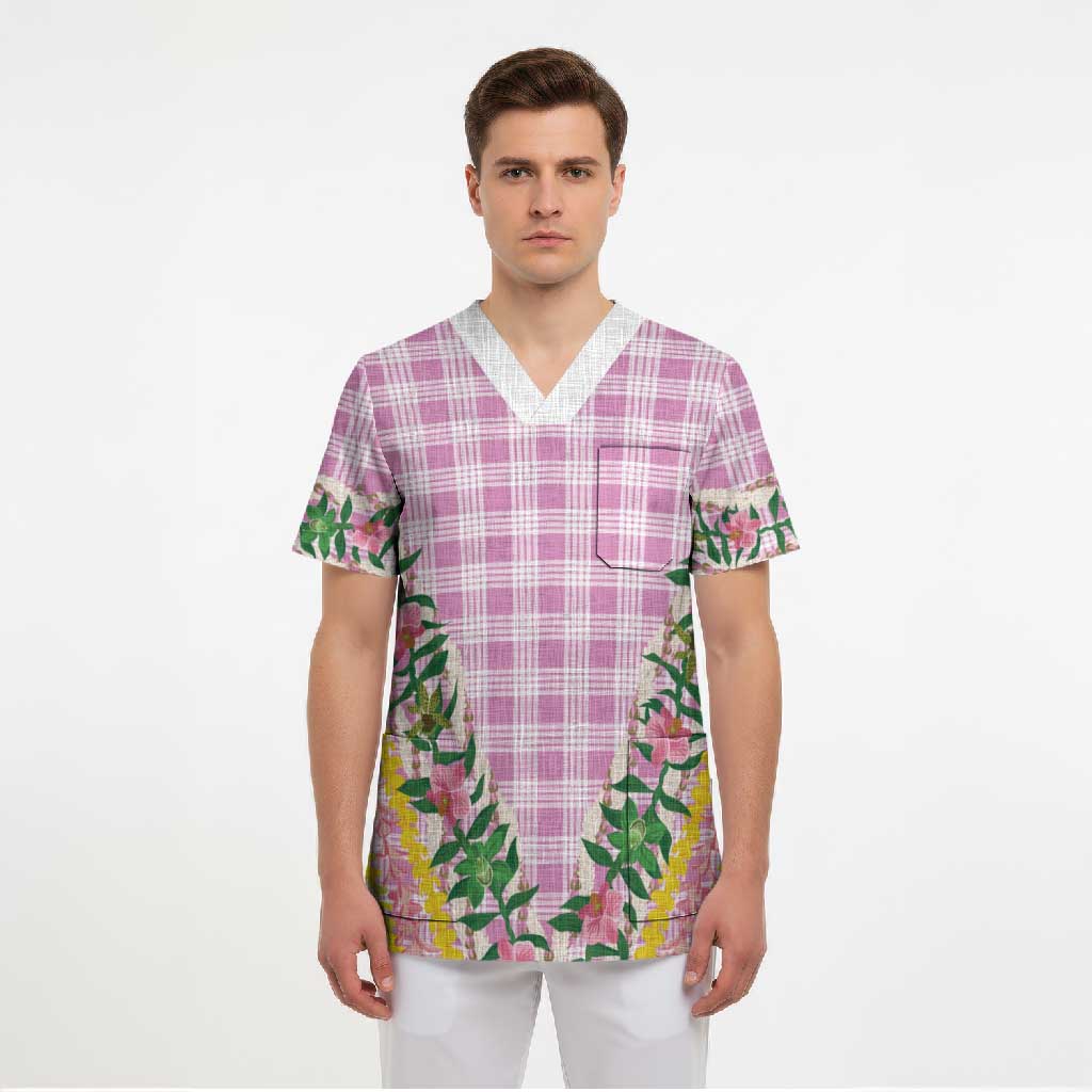 Hawaii Pikake Lokelani Plumeria Lei Scrub Top Pink Palaka Motifs LT05 - Polynesian Pride