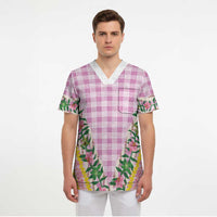 Hawaii Pikake Lokelani Plumeria Lei Scrub Top Pink Palaka Motifs LT05 - Polynesian Pride