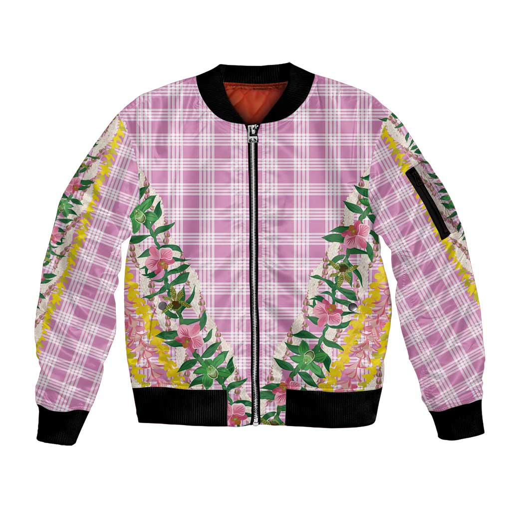 Hawaii Pikake Lokelani Plumeria Lei Sleeve Zip Bomber Jacket Pink Palaka Motifs LT05 Unisex Pink - Polynesian Pride