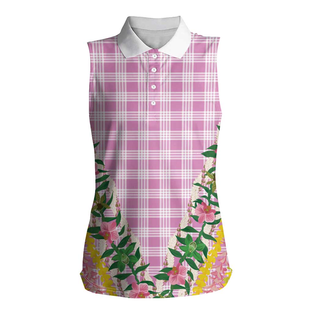 Hawaii Pikake Lokelani Plumeria Lei Women Sleeveless Polo Shirt Pink Palaka Motifs LT05 Female Pink - Polynesian Pride