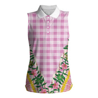 Hawaii Pikake Lokelani Plumeria Lei Women Sleeveless Polo Shirt Pink Palaka Motifs