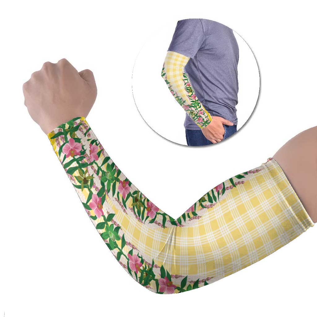 Hawaii Pikake Lokelani Plumeria Lei Arm Sleeves Yellow Palaka Motifs LT05 Set of 2 Yellow - Polynesian Pride