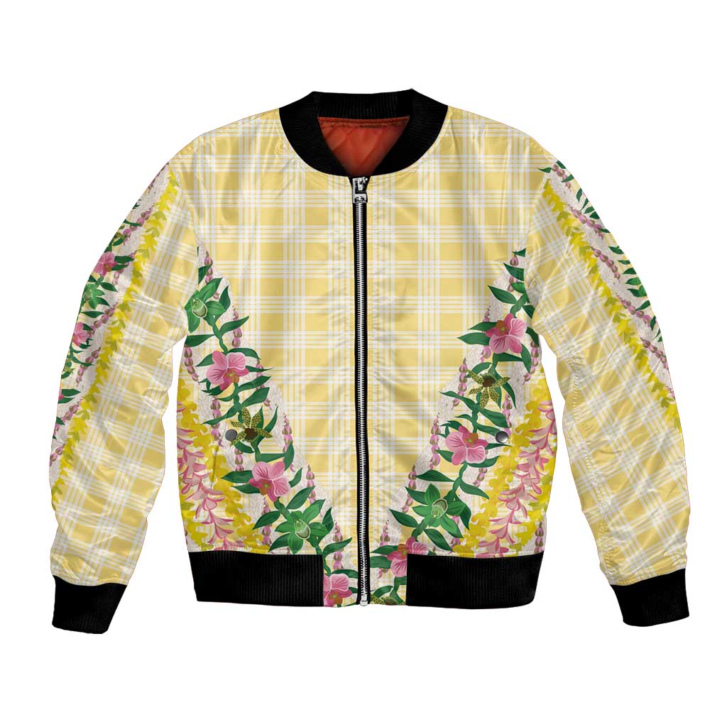Hawaii Pikake Lokelani Plumeria Lei Bomber Jacket Yellow Palaka Motifs
