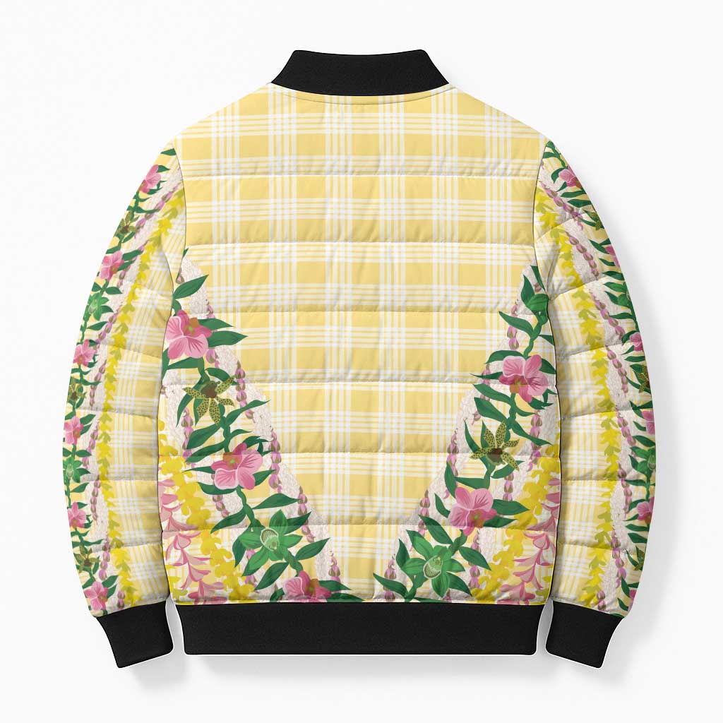 Hawaii Pikake Lokelani Plumeria Lei Bomber Puffer Jacket Yellow Palaka Motifs LT05 - Polynesian Pride