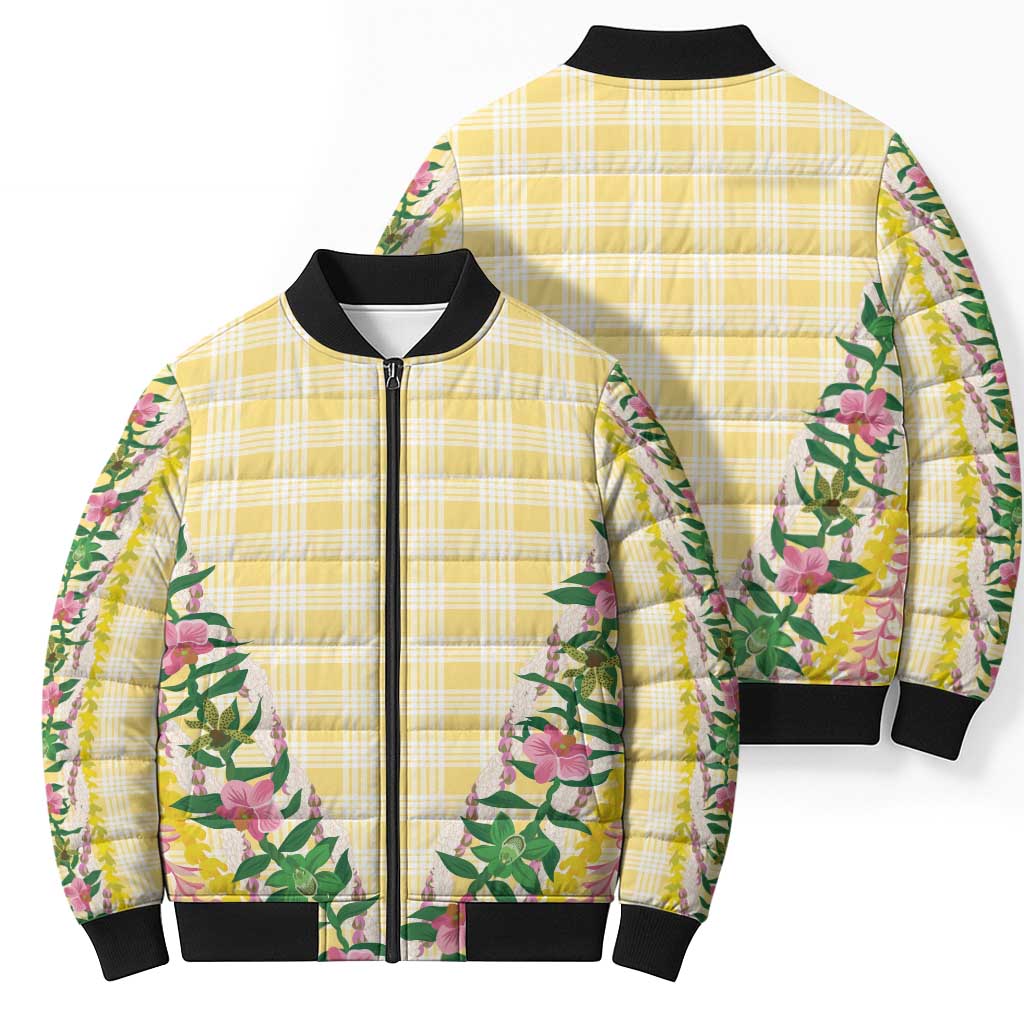 Hawaii Pikake Lokelani Plumeria Lei Bomber Puffer Jacket Yellow Palaka Motifs LT05 - Polynesian Pride