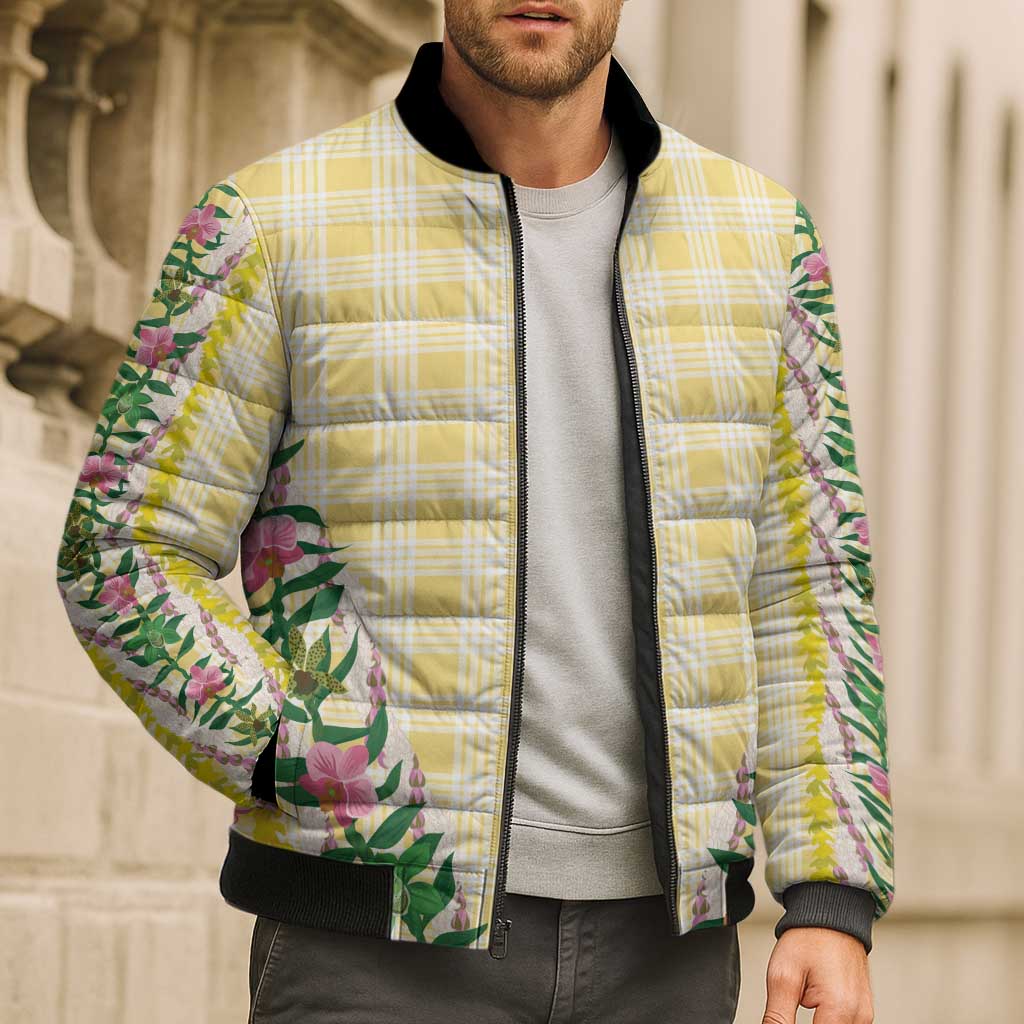 Hawaii Pikake Lokelani Plumeria Lei Bomber Puffer Jacket Yellow Palaka Motifs LT05 - Polynesian Pride