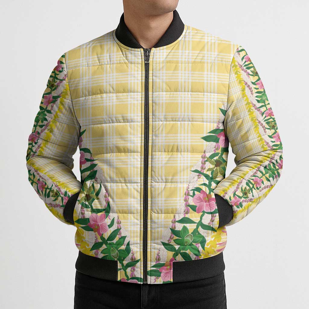Hawaii Pikake Lokelani Plumeria Lei Bomber Puffer Jacket Yellow Palaka Motifs LT05 - Polynesian Pride