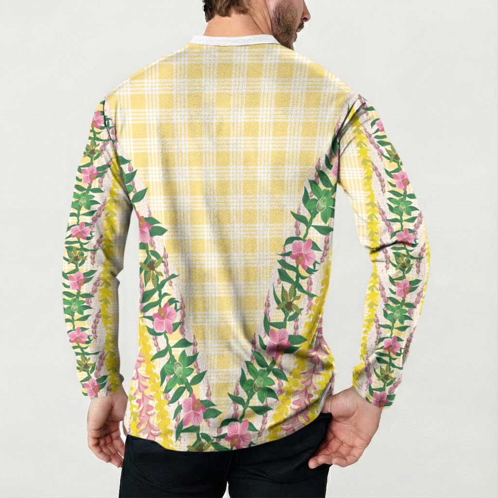 Hawaii Pikake Lokelani Plumeria Lei Button Sweatshirt Yellow Palaka Motifs LT05 - Polynesian Pride