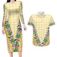 Hawaii Pikake Lokelani Plumeria Lei Couples Matching Long Sleeve Bodycon Dress and Hawaiian Shirt Yellow Palaka Motifs