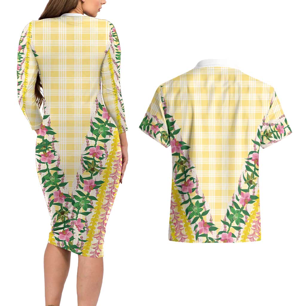 Hawaii Pikake Lokelani Plumeria Lei Couples Matching Long Sleeve Bodycon Dress and Hawaiian Shirt Yellow Palaka Motifs