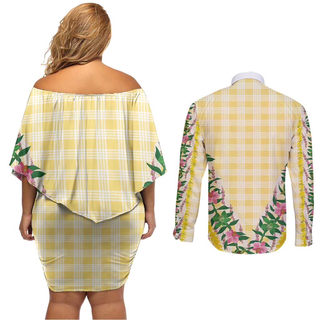 Hawaii Pikake Lokelani Plumeria Lei Couples Matching Off Shoulder Short Dress and Long Sleeve Button Shirt Yellow Palaka Motifs