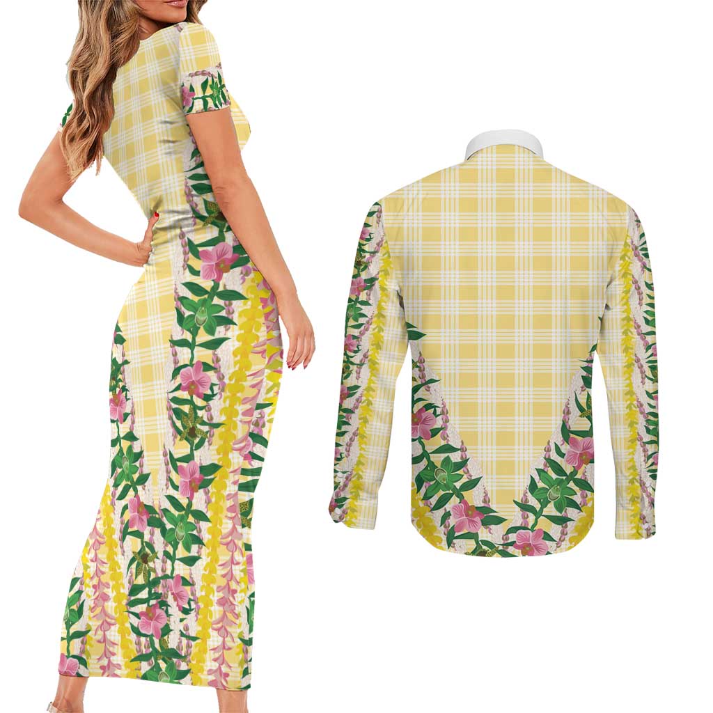 Hawaii Pikake Lokelani Plumeria Lei Couples Matching Short Sleeve Bodycon Dress and Long Sleeve Button Shirt Yellow Palaka Motifs