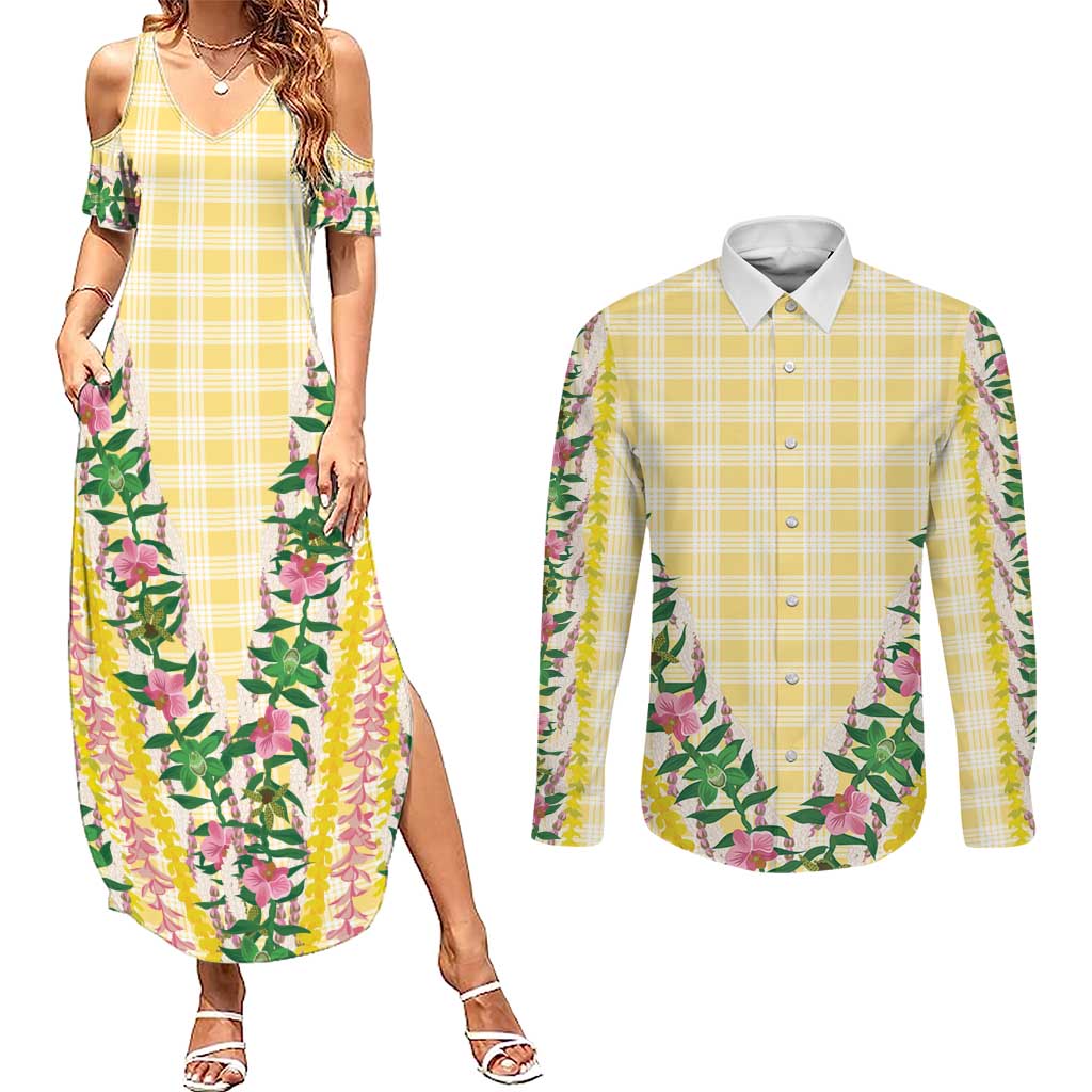 Hawaii Pikake Lokelani Plumeria Lei Couples Matching Summer Maxi Dress and Long Sleeve Button Shirt Yellow Palaka Motifs