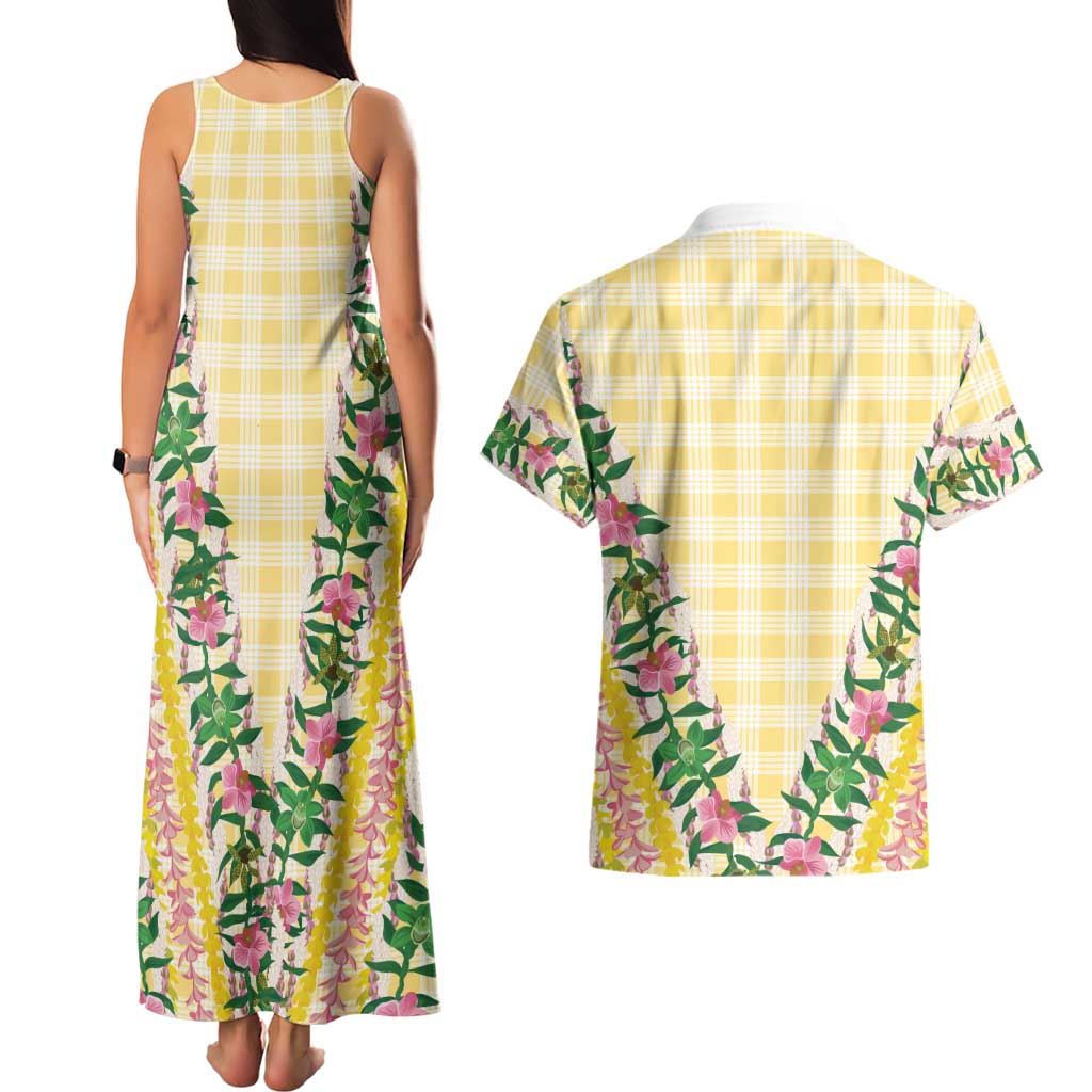 Hawaii Pikake Lokelani Plumeria Lei Couples Matching Tank Maxi Dress and Hawaiian Shirt Yellow Palaka Motifs