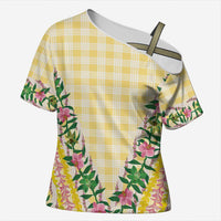 Hawaii Pikake Lokelani Plumeria Lei Cross Shoulder Shirt Yellow Palaka Motifs LT05 Female Yellow - Polynesian Pride