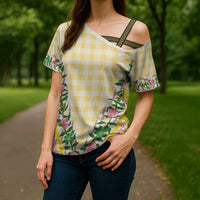 Hawaii Pikake Lokelani Plumeria Lei Cross Shoulder Shirt Yellow Palaka Motifs LT05 - Polynesian Pride