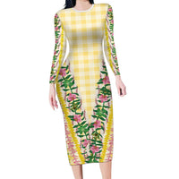 Hawaii Pikake Lokelani Plumeria Lei Family Matching Long Sleeve Bodycon Dress and Hawaiian Shirt Yellow Palaka Motifs