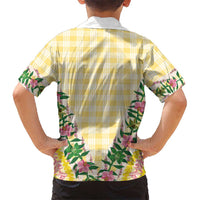 Hawaii Pikake Lokelani Plumeria Lei Family Matching Mermaid Dress and Hawaiian Shirt Yellow Palaka Motifs