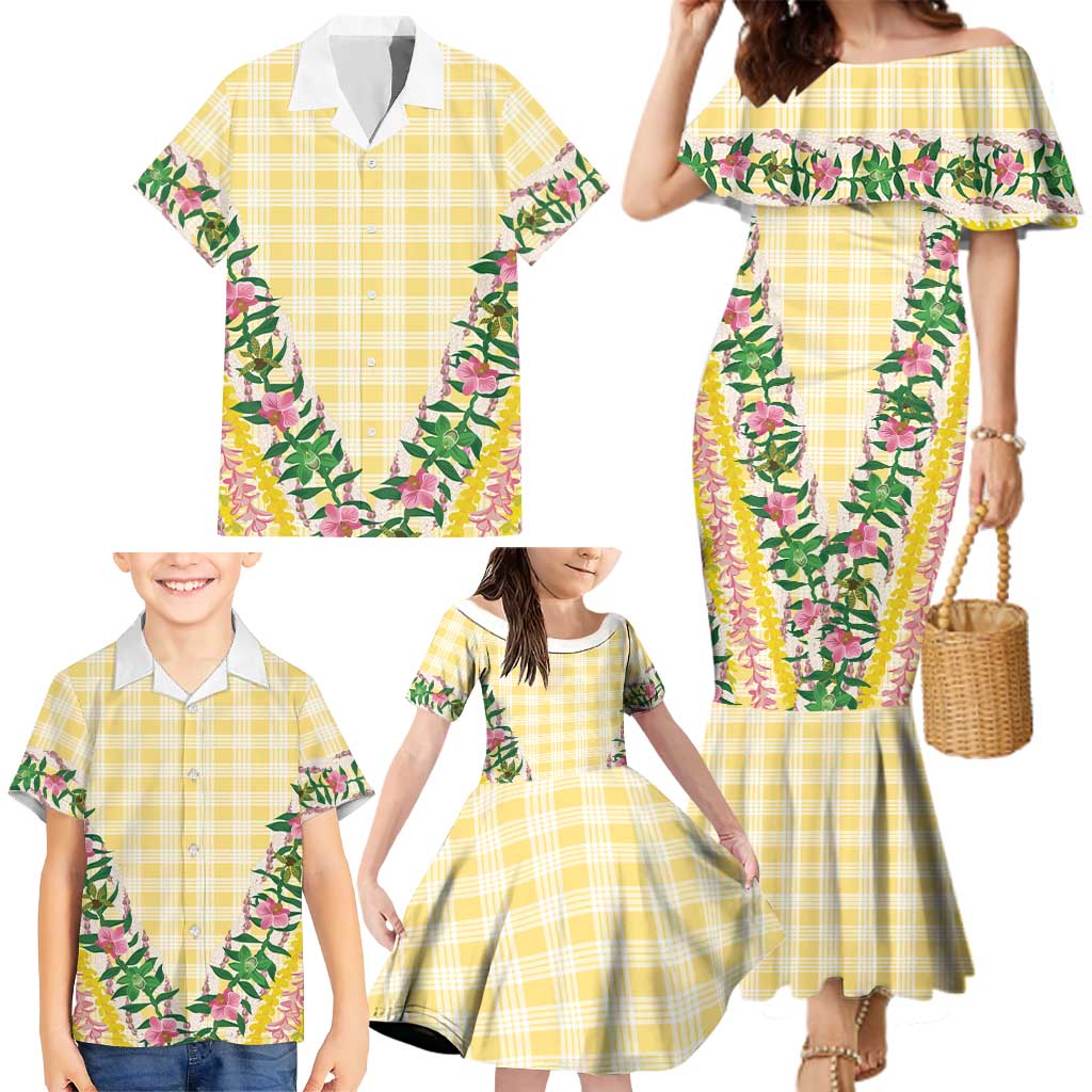 Hawaii Pikake Lokelani Plumeria Lei Family Matching Mermaid Dress and Hawaiian Shirt Yellow Palaka Motifs LT05 - Polynesian Pride