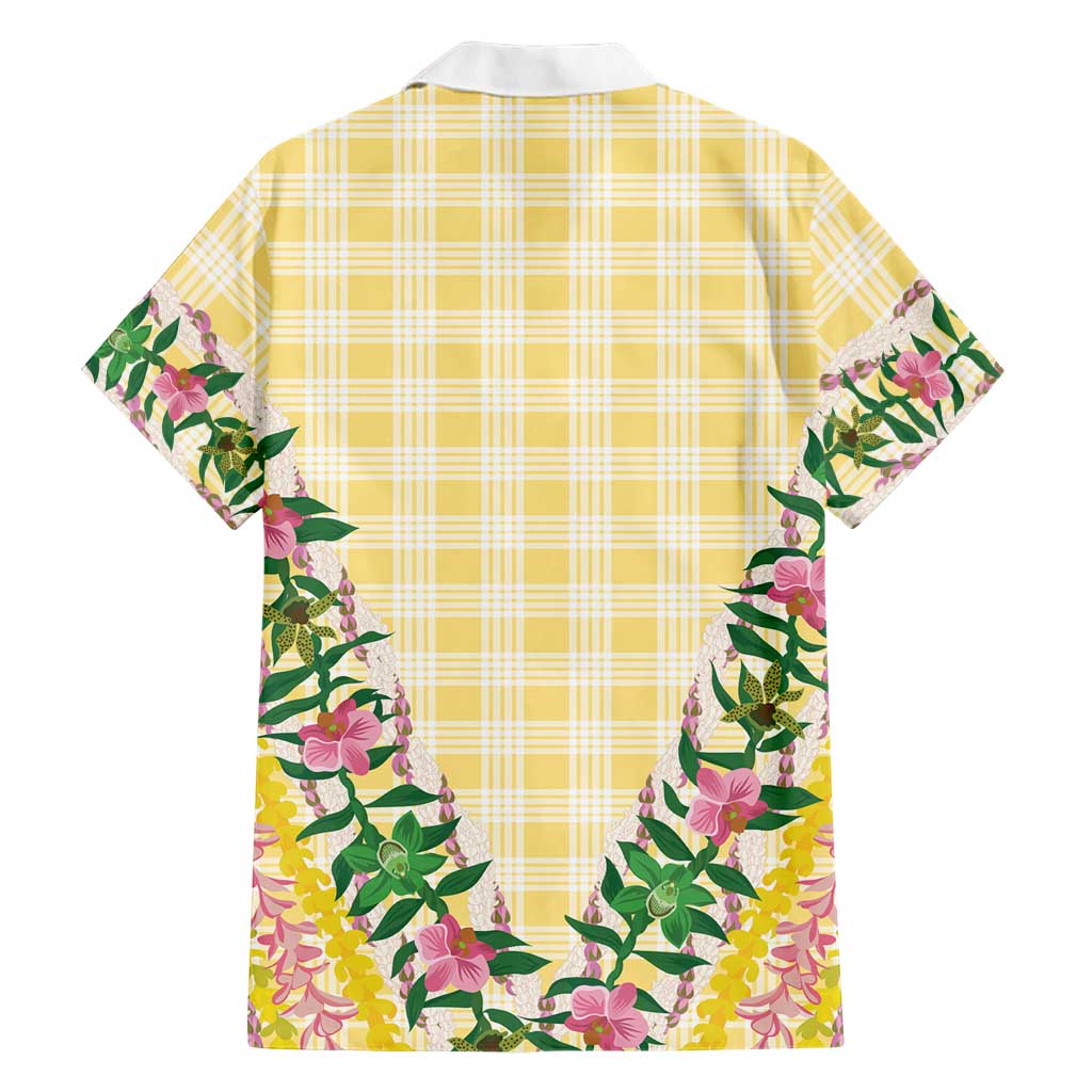 Hawaii Pikake Lokelani Plumeria Lei Family Matching Mermaid Dress and Hawaiian Shirt Yellow Palaka Motifs