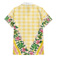 Hawaii Pikake Lokelani Plumeria Lei Family Matching Mermaid Dress and Hawaiian Shirt Yellow Palaka Motifs