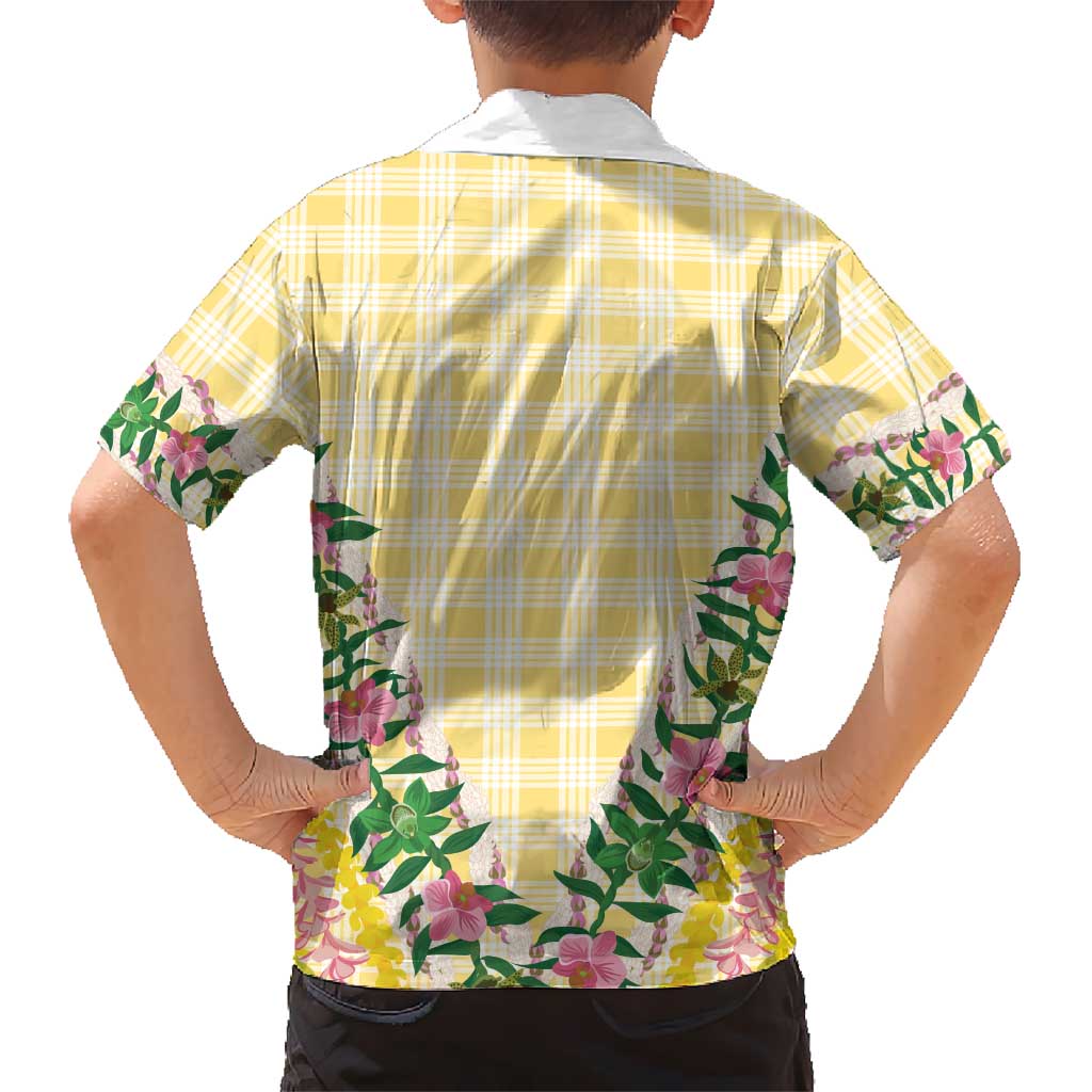 Hawaii Pikake Lokelani Plumeria Lei Family Matching Off Shoulder Maxi Dress and Hawaiian Shirt Yellow Palaka Motifs